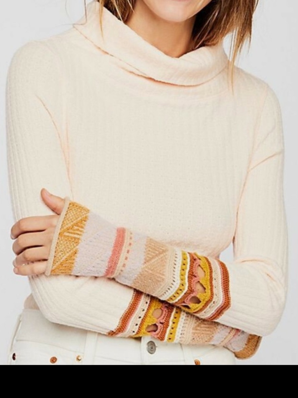Free People Soft Peach  Turtleneck Sweater with Patterned Cuffs Arm Warmer